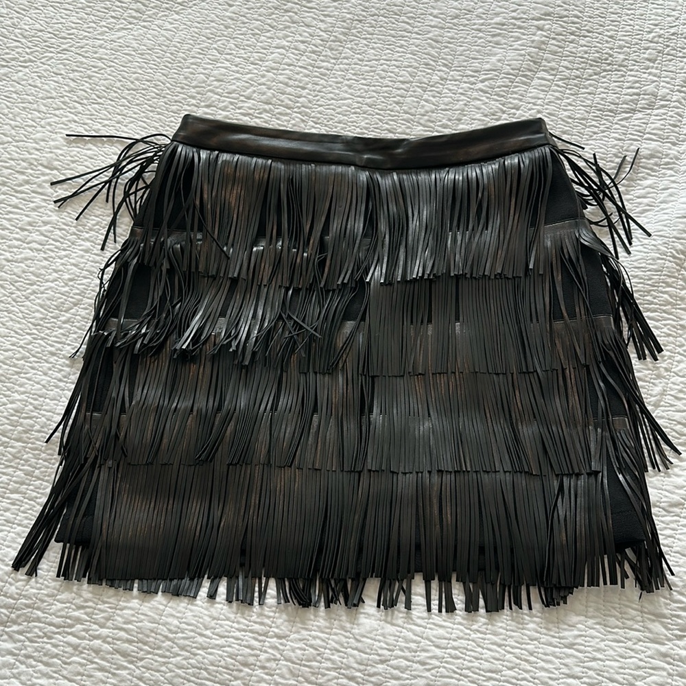 Fringe leather mini skirt